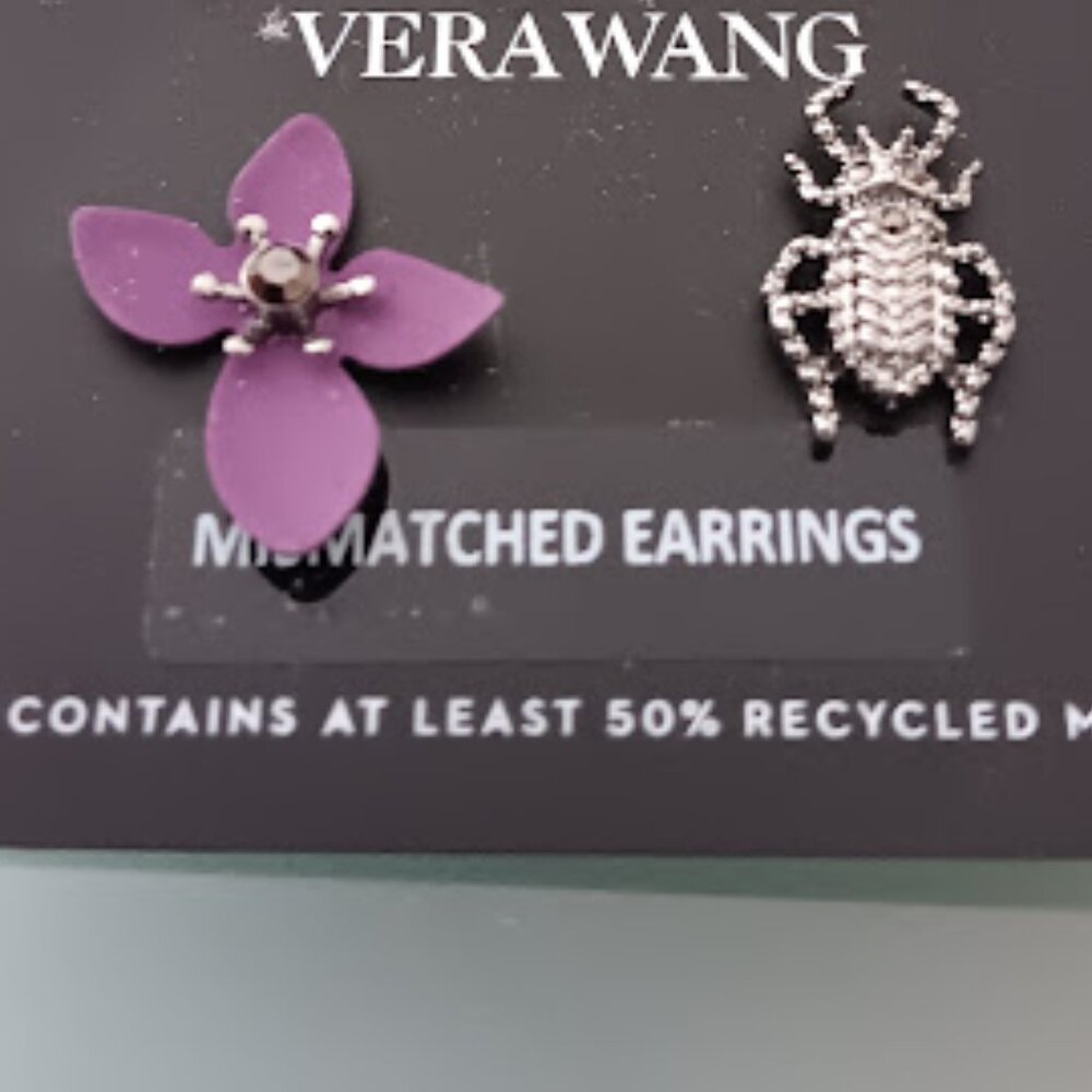 VERA WANG Goth Gunmetal Beetle + Purple Flower Mismatch Earrings**NEW! - Picture 3 of 3